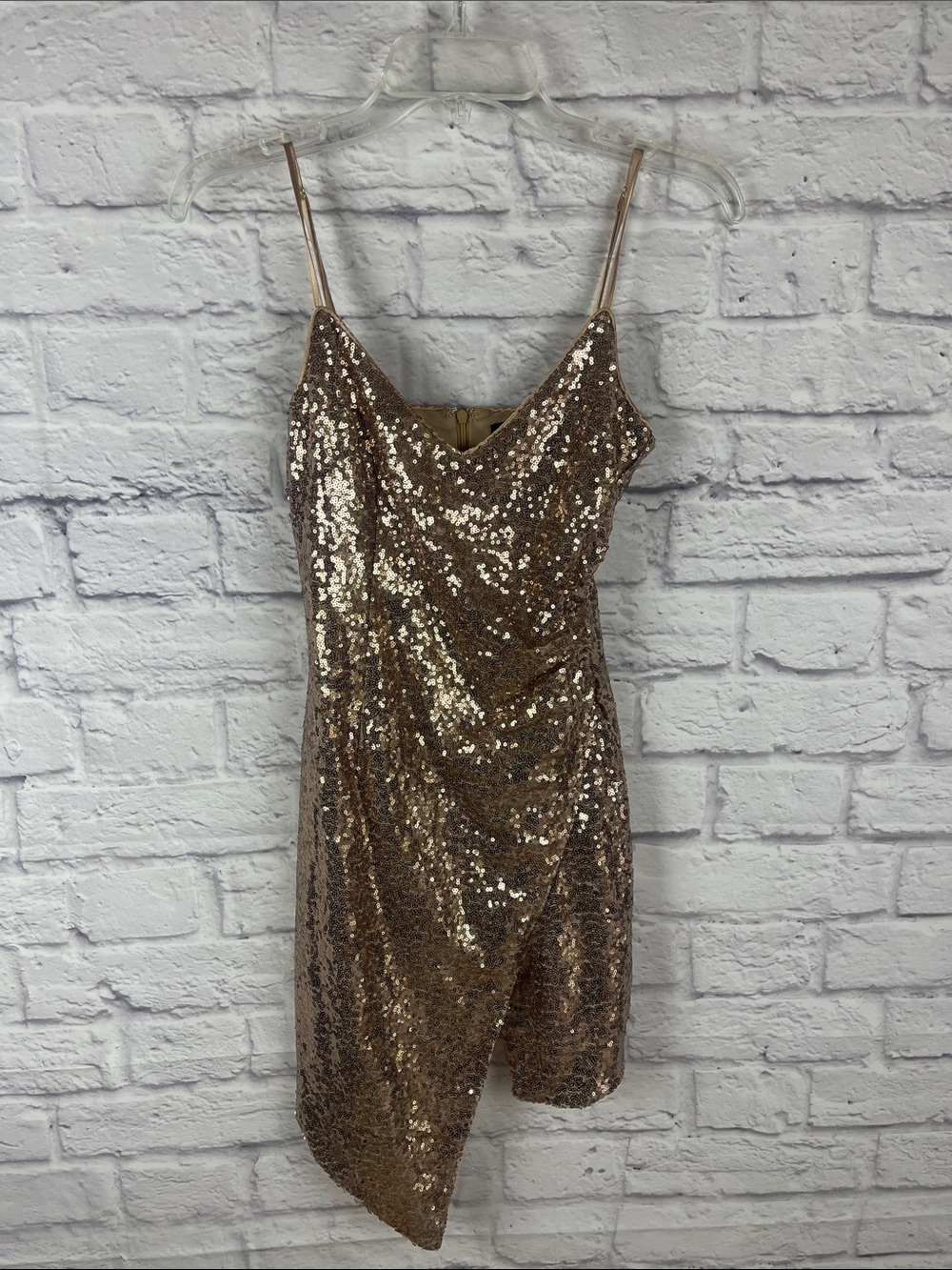 Lulu’s Glam Party Bodycon Rose Gold  Sequin Asymmetrical Hem Mini Dress XS